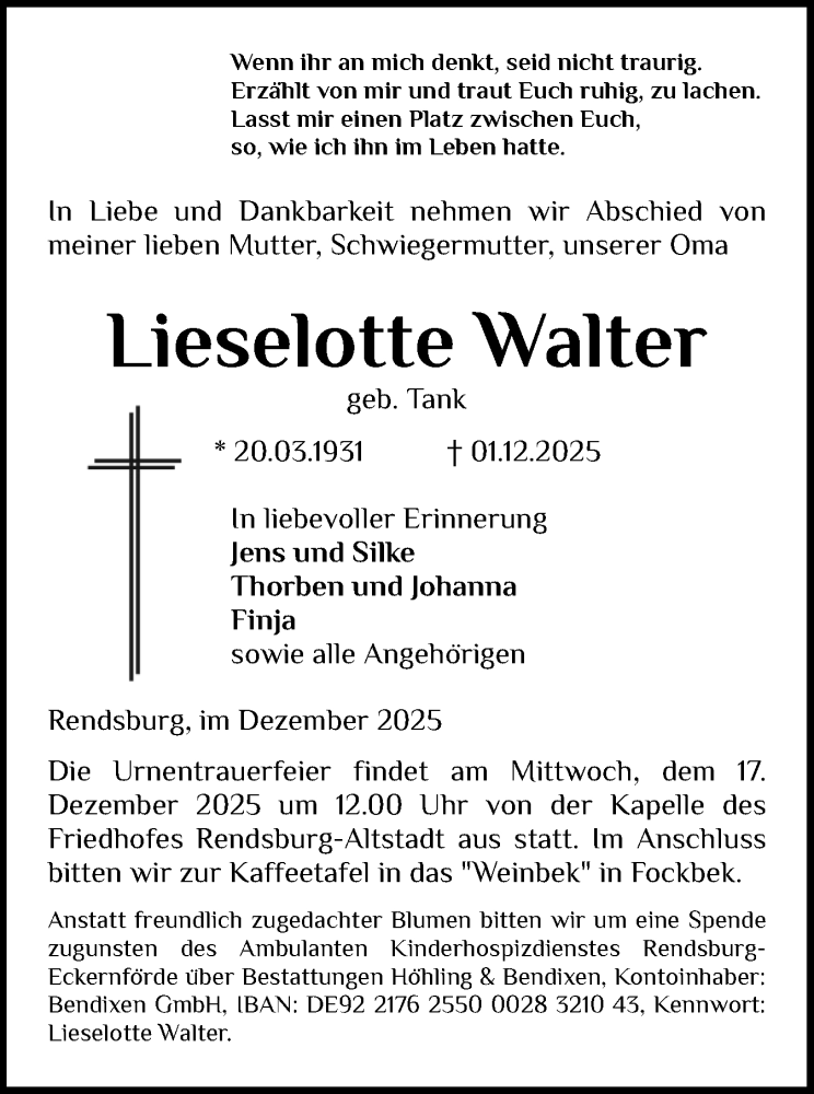  Traueranzeige für Lieselotte Walter vom 13.12.2025 aus Schleswig-Holsteinische Landeszeitung