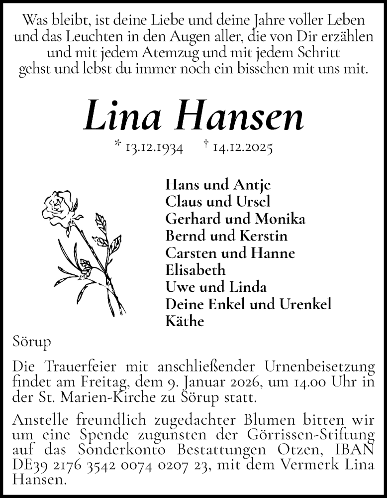  Traueranzeige für Lina Hansen vom 20.12.2025 aus Flensburger Tageblatt