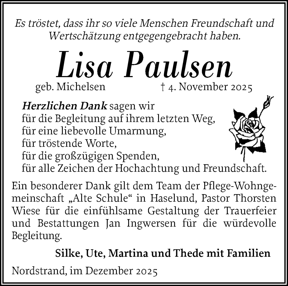  Traueranzeige für Lisa Paulsen vom 20.12.2025 aus Husumer Nachrichten, Nordfriesland Tageblatt