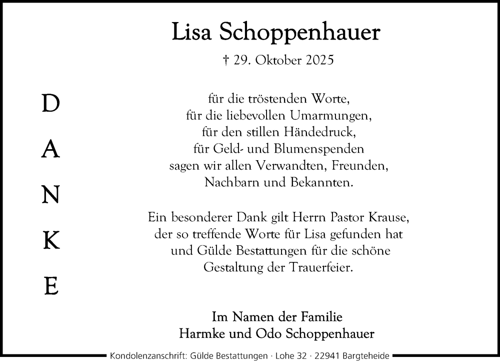  Traueranzeige für Lisa Schoppenhauer vom 20.12.2025 aus MARKT Ahrensburg/Bargteheide/Trittau und Stormarner Tageblatt
