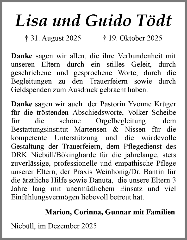  Traueranzeige für Lisa Tödt vom 06.12.2025 aus Husumer Nachrichten, Nordfriesland Tageblatt