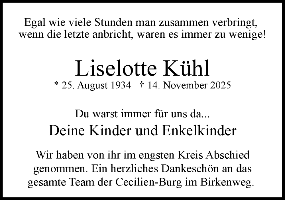  Traueranzeige für Liselotte Kühl vom 06.12.2025 aus Uetersener Nachrichten, Der tip am Wochenende