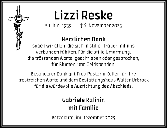 Traueranzeige von Lizzi Reske von MARKT Ratzeburg/Mölln