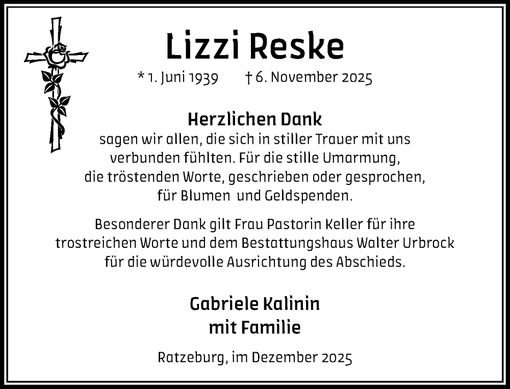  Traueranzeige für Lizzi Reske vom 13.12.2025 aus MARKT Ratzeburg/Mölln