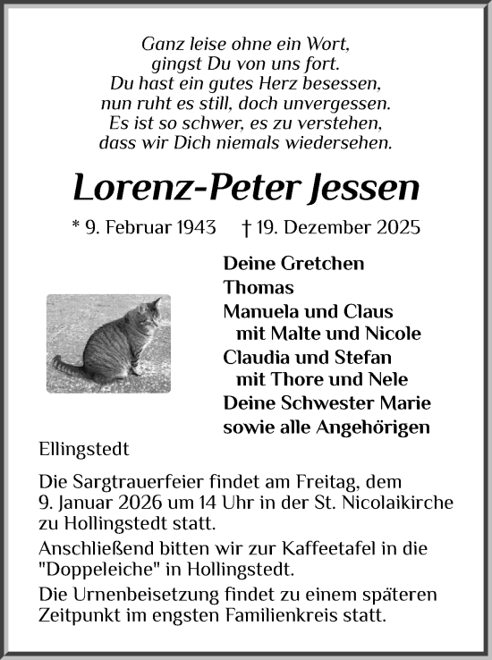 Traueranzeige von Lorenz-Peter Jessen von Schleswiger Nachrichten, Schlei-Bote