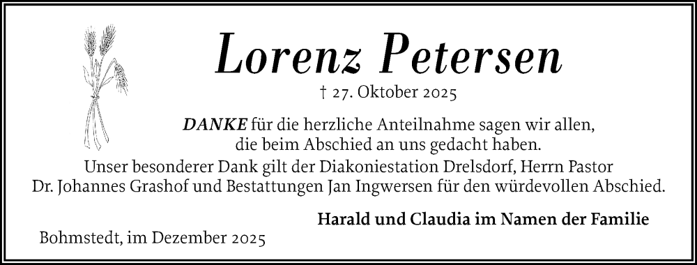  Traueranzeige für Lorenz Petersen vom 09.12.2025 aus Husumer Nachrichten, Nordfriesland Tageblatt