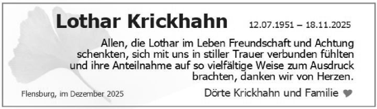 Traueranzeige von Lothar Krickhahn von Flensburger Tageblatt