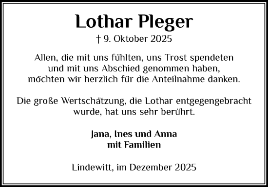 Traueranzeige von Lothar Pleger von Region Flensburg