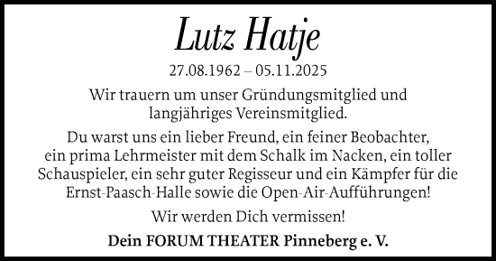 Traueranzeige von Lutz Hatje von Region Pinneberg und tip Pinneberg