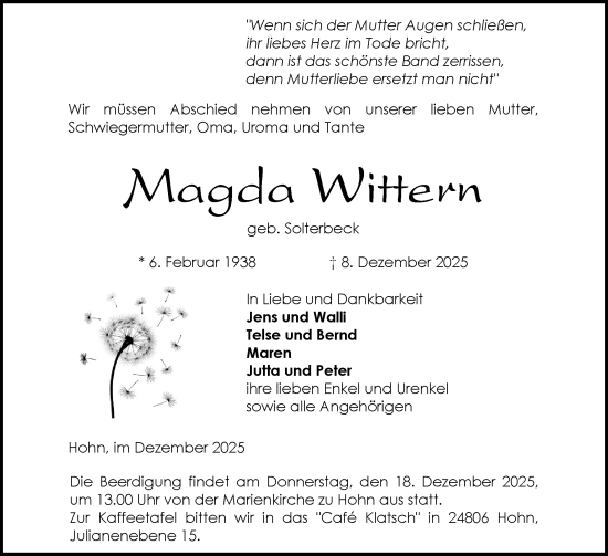 Traueranzeige von Magda Wittern von Schleswig-Holsteinische Landeszeitung