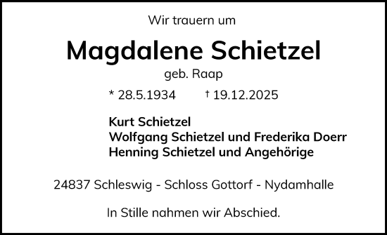 Traueranzeige von Magdalene Schietzel von Schleswiger Nachrichten, Schlei-Bote