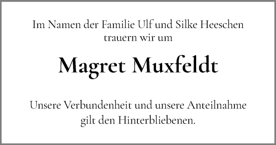 Traueranzeige von Magret Muxfeldt von Schleswig-Holsteinische Landeszeitung