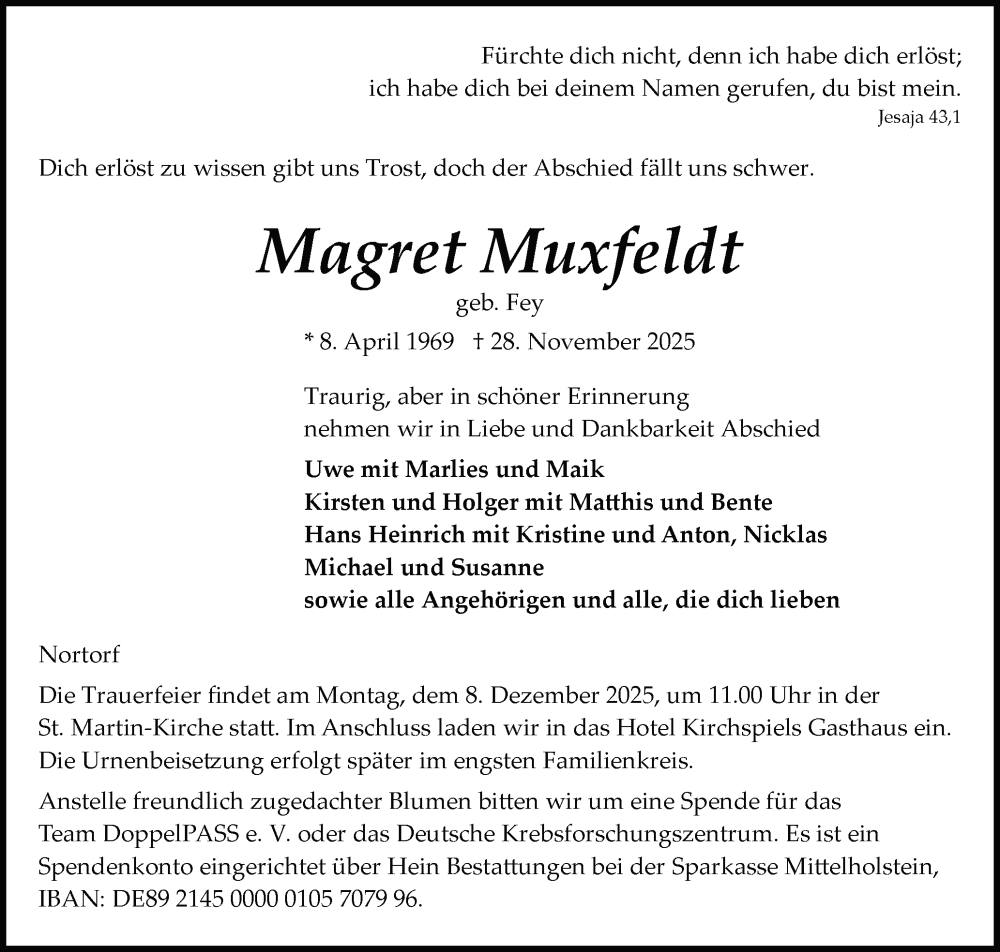  Traueranzeige für Magret Muxfeldt vom 03.12.2025 aus Schleswig-Holsteinische Landeszeitung
