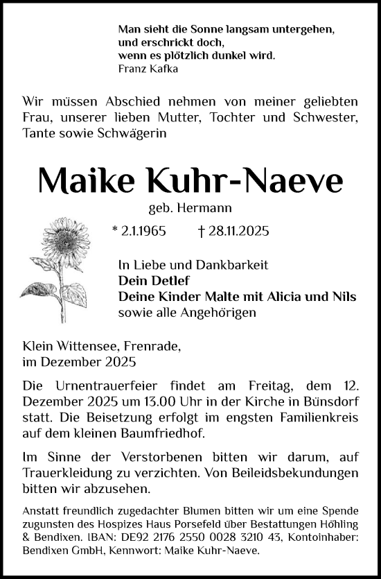 Traueranzeige von Maike Kuhr-Naeve von Eckernförder Zeitung