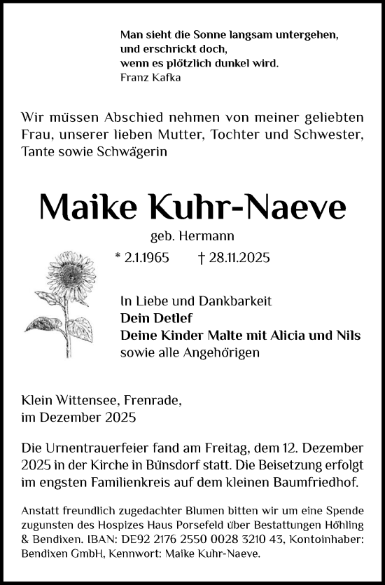 Traueranzeige von Maike Kuhr-Naeve von Hallo Eckernförde