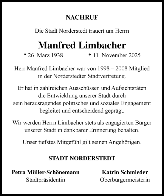 Traueranzeige von Manfred Limbacher von Heimatspiegel