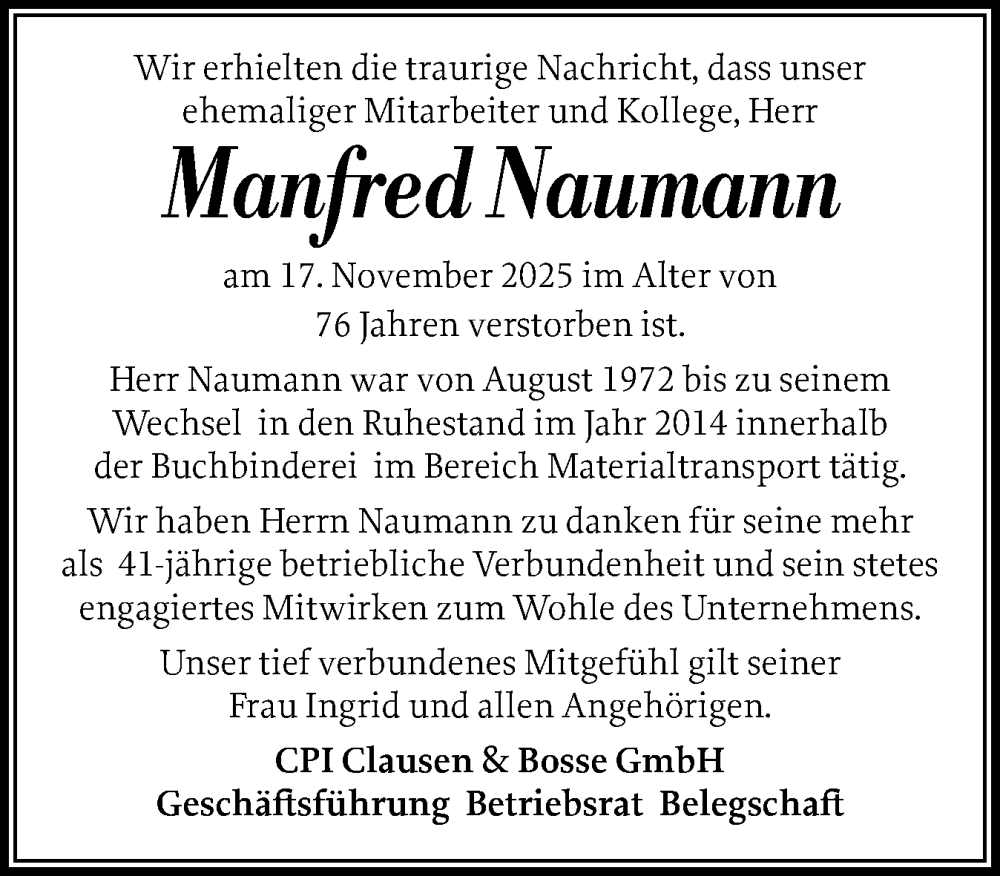  Traueranzeige für Manfred Naumann vom 04.12.2025 aus Husumer Nachrichten, Nordfriesland Tageblatt