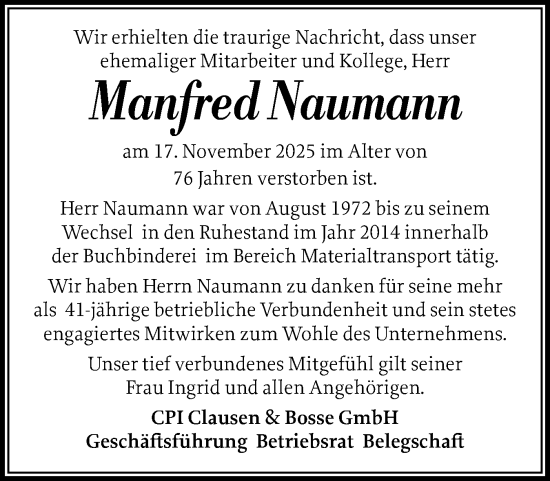 Traueranzeige von Manfred Naumann von Husumer Nachrichten, Nordfriesland Tageblatt