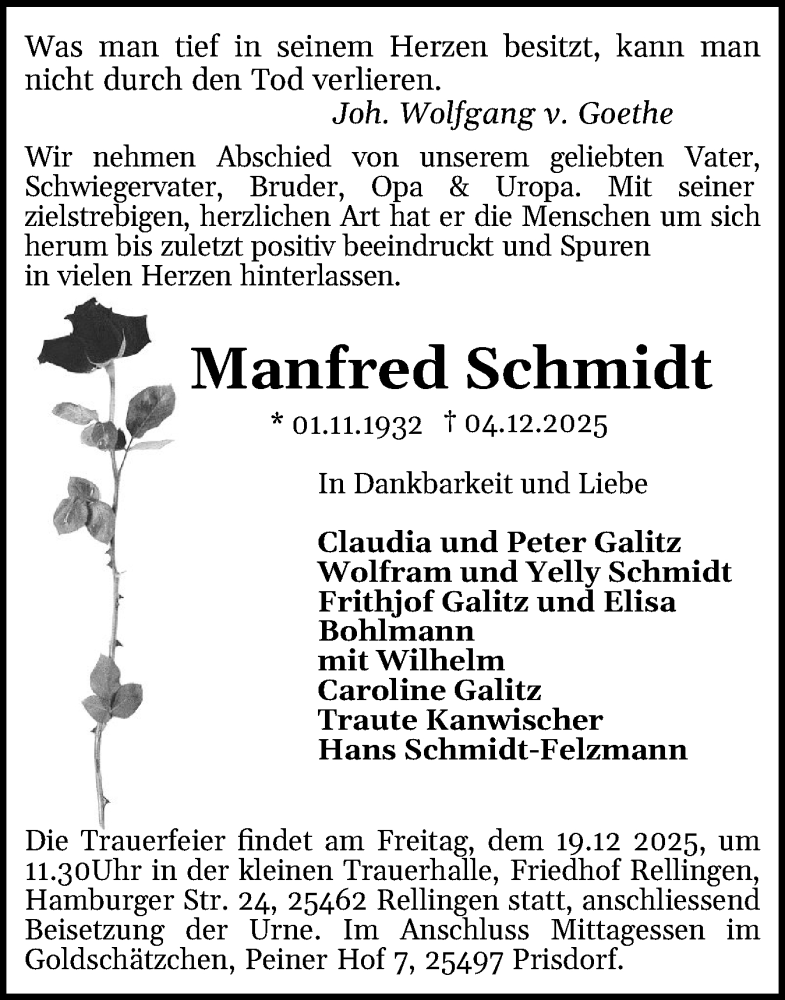  Traueranzeige für Manfred Schmidt vom 13.12.2025 aus Digitale Anzeige