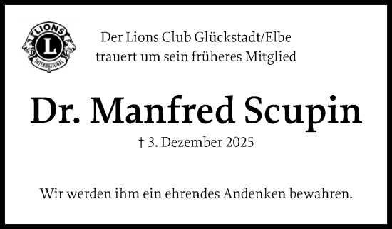 Traueranzeige von Manfred Scupin von Norddeutsche Rundschau, Wilstersche Zeitung, Glückstädter Fortuna