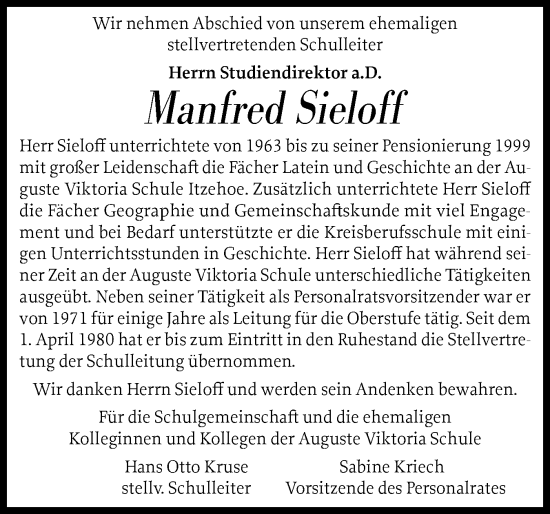 Traueranzeige von Manfred Sieloff von Norddeutsche Rundschau, Wilstersche Zeitung, Glückstädter Fortuna
