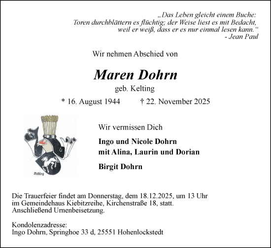 Traueranzeige von Maren Dohrn von Region Steinburg-Elmshorn