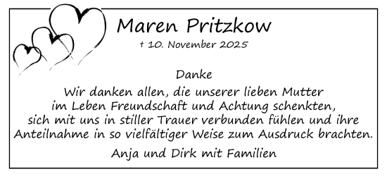 Traueranzeige von Maren Pritzkow von Uetersener Nachrichten, Der tip am Wochenende