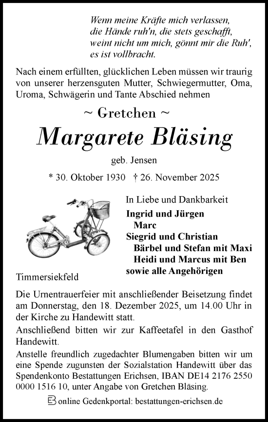 Traueranzeige von Margarete Bläsing von Flensburger Tageblatt