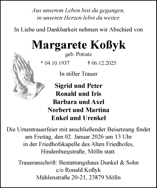 Traueranzeige von Margarete Koßyk von MARKT Ratzeburg/Mölln