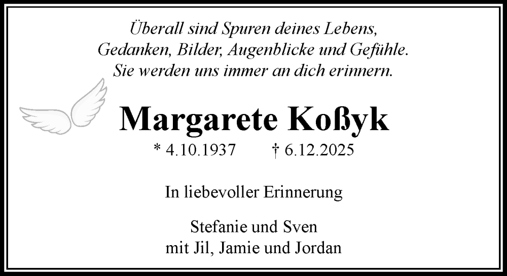  Traueranzeige für Margarete Koßyk vom 20.12.2025 aus MARKT Ratzeburg/Mölln