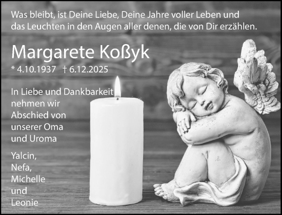 Traueranzeige von Margarete Koßyk von MARKT Ratzeburg/Mölln