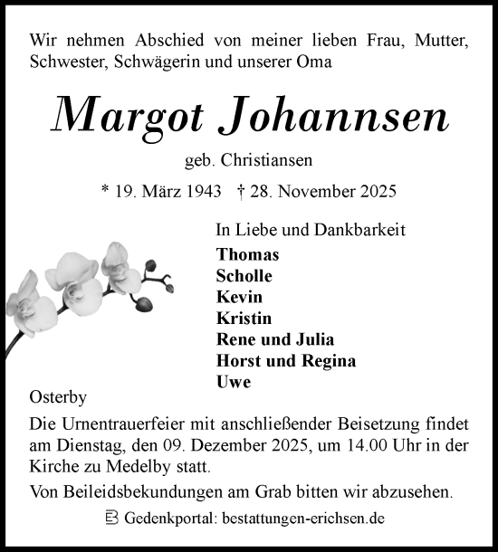 Traueranzeige von Margot Johannsen von Flensburger Tageblatt