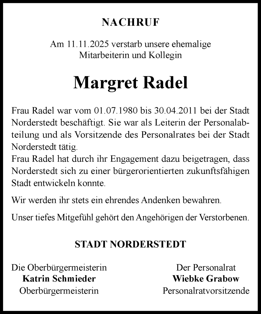  Traueranzeige für Margret Radel vom 13.12.2025 aus Heimatspiegel