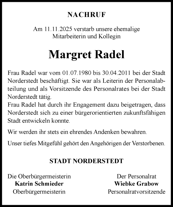 Traueranzeige von Margret Radel von Heimatspiegel