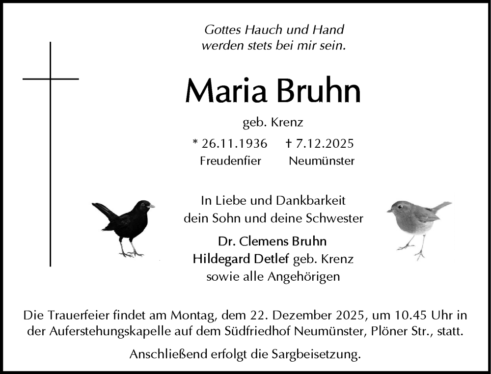  Traueranzeige für Maria Bruhn vom 13.12.2025 aus Holsteinischer Courier