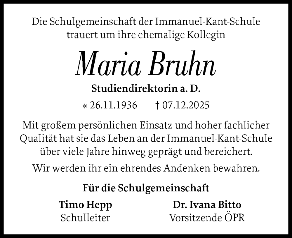  Traueranzeige für Maria Bruhn vom 20.12.2025 aus Holsteinischer Courier