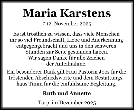 Traueranzeige von Maria Karstens von Flensburger Tageblatt