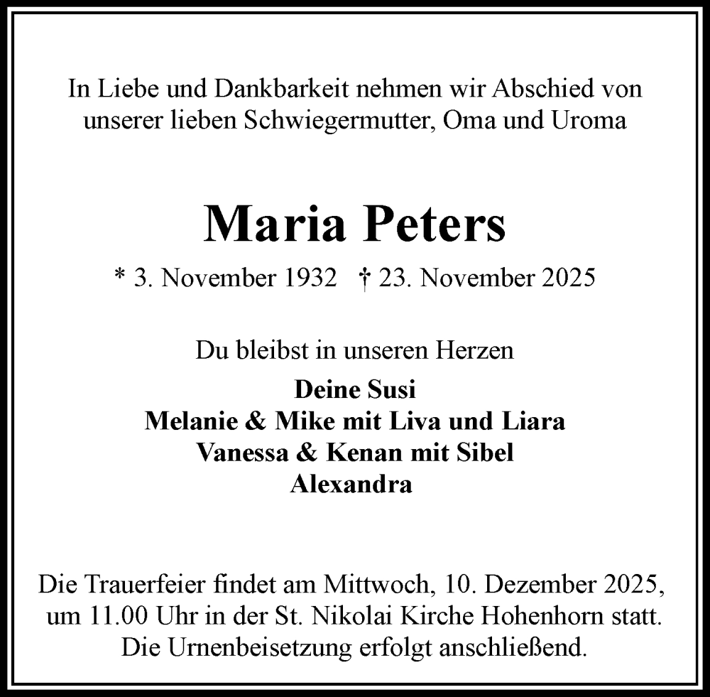  Traueranzeige für Maria Peters vom 06.12.2025 aus Wochenend Anzeiger