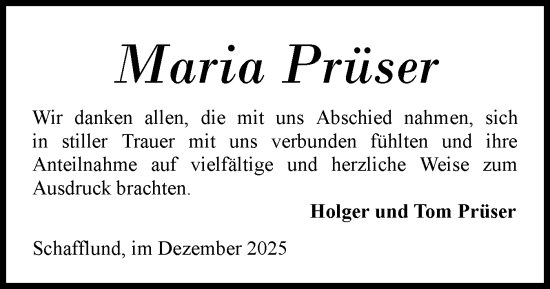 Traueranzeige von Maria Prüser von Flensburger Tageblatt