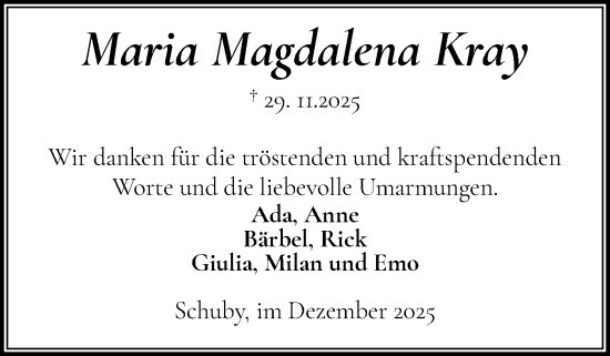Traueranzeige von Maria Magdalena Kray von Schleswiger Nachrichten, Schlei-Bote