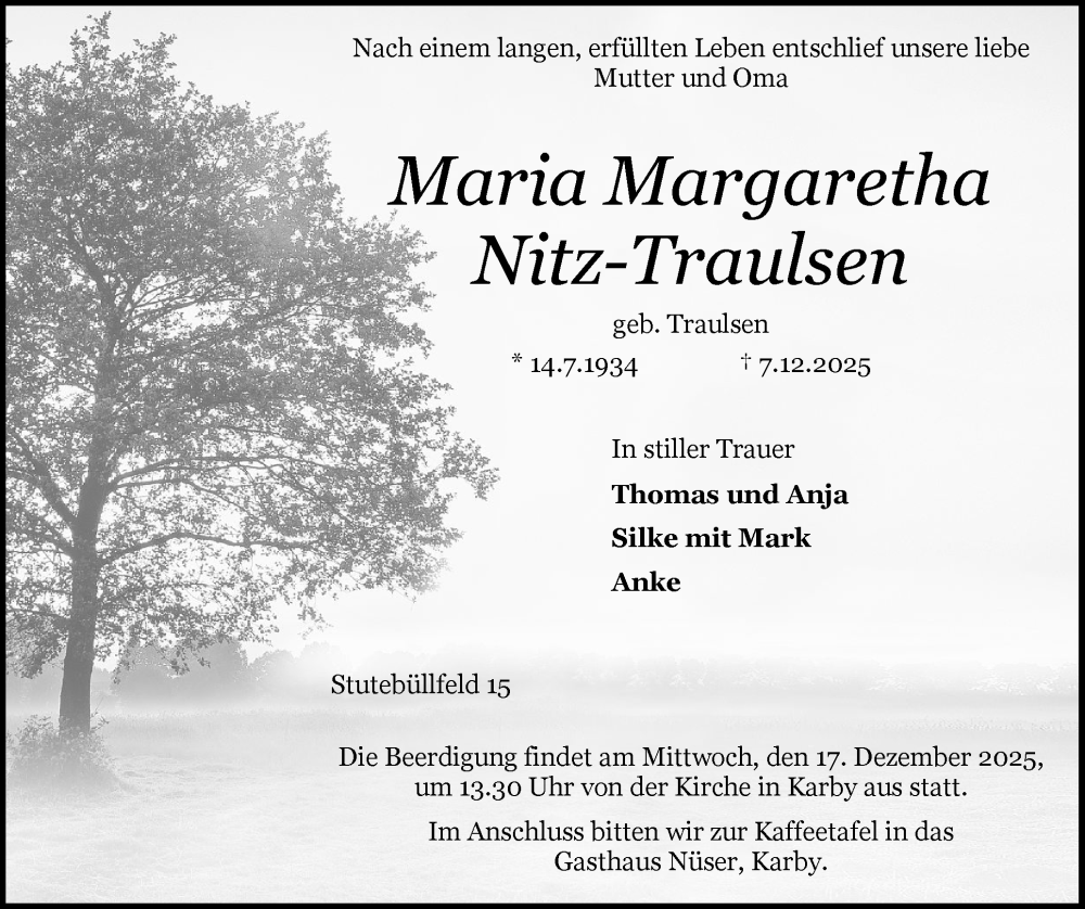  Traueranzeige für Maria Margaretha Nitz-Traulsen vom 13.12.2025 aus Schleswiger Nachrichten, Schlei-Bote