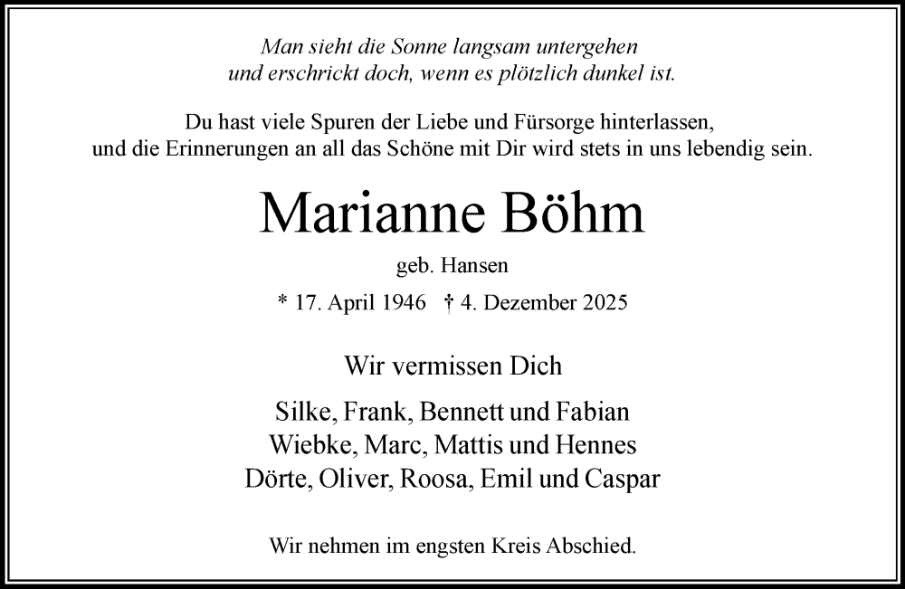  Traueranzeige für Marianne Böhm vom 13.12.2025 aus MARKT Bad Oldesloe/Reinfeld und Stormarner Tageblatt