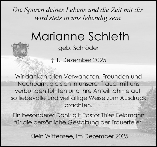 Traueranzeige von Marianne Schleth von Schleswig-Holsteinische Landeszeitung