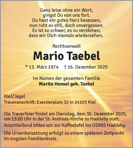 Traueranzeige von Mario Taebel von Schleswiger Nachrichten, Schlei-Bote