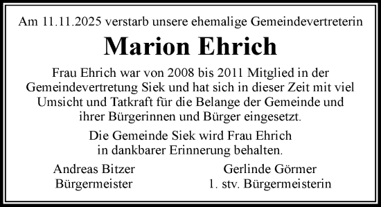 Traueranzeige von Marion Ehrich von MARKT Ahrensburg/Bargteheide/Trittau und Stormarner Tageblatt