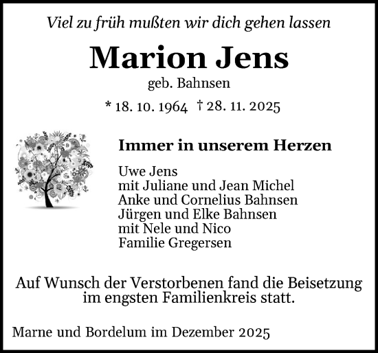 Traueranzeige von Marion Jens von Husumer Nachrichten, Nordfriesland Tageblatt