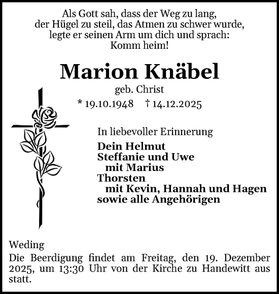 Traueranzeige von Marion Knäbel von Flensburger Tageblatt