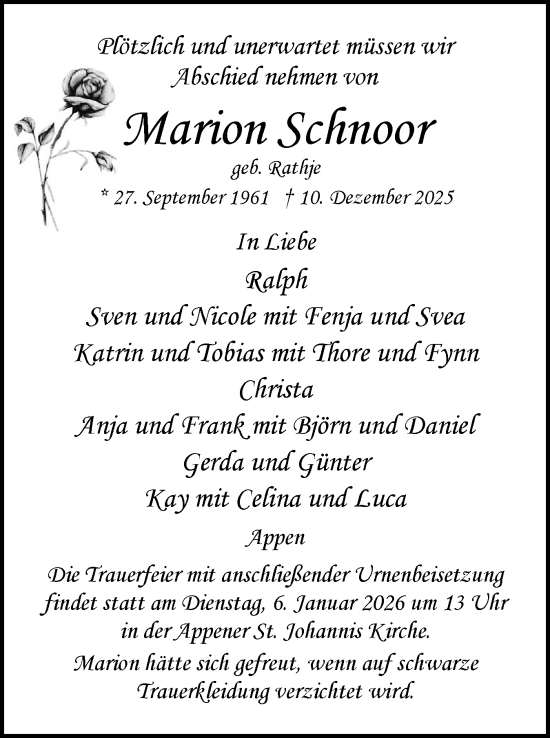 Traueranzeige von Marion Schnoor von Region Pinneberg und tip Pinneberg