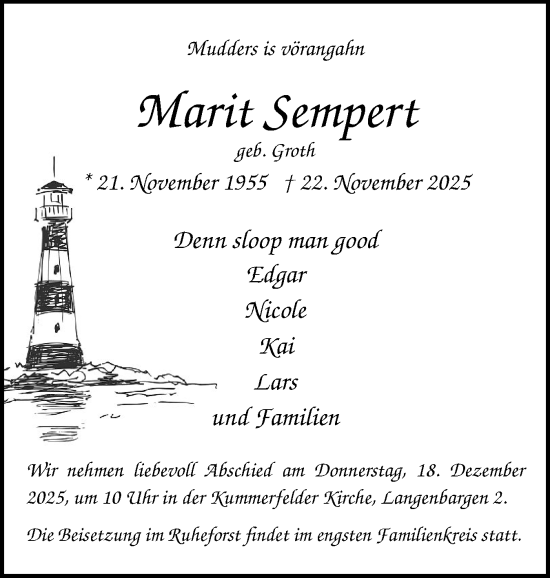 Traueranzeige von Marit Sempert von Region Pinneberg und tip Pinneberg