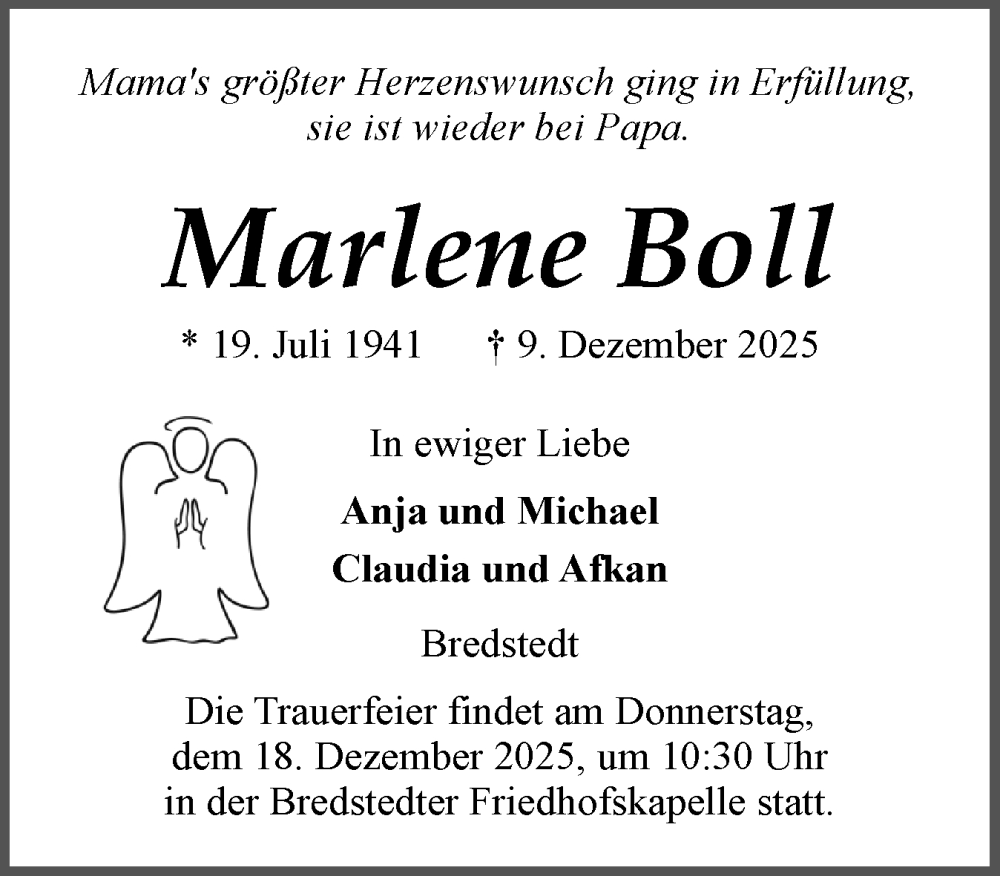  Traueranzeige für Marlene Boll vom 15.12.2025 aus Husumer Nachrichten, Nordfriesland Tageblatt